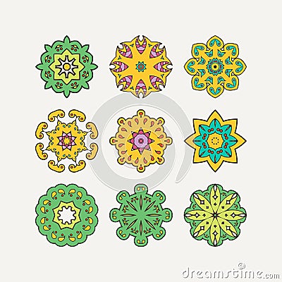 Set of ornate vector mandala symbols. Mehndi lace tattoo. Oriental weave with sharp corners. Vector Illustration