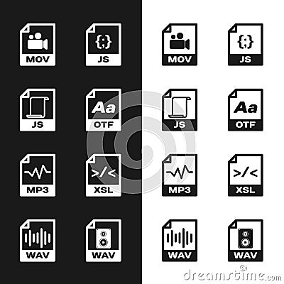 Set OTF file document, JS, MOV, , MP3 and XSL icon. Vector Vector Illustration