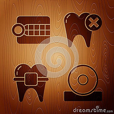 Set Otolaryngological head reflector, Dentures model, Teeth with braces and Tooth with caries on wooden background Vector Illustration