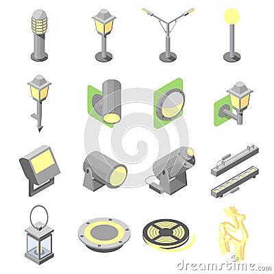 Set of outdoor lights icons in isometric view Vector Illustration