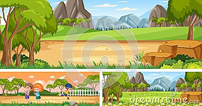 Set of outdoor panoramic landscape with cartoon character Vector Illustration