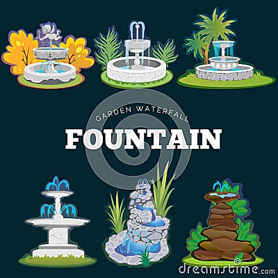 Set of outdoors fountain for gardening, spring and summer plants around garden waterfall, autumn back yard decorative Vector Illustration