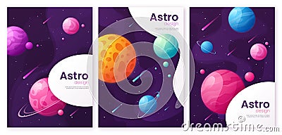 Set of outer space futuristic cartoon backgrounds, covers, brochure templates. Vector Illustration