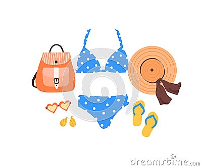 Set of outfit creator with summer fashion womens clothing swimsuit flip flop shoes Vector Illustration