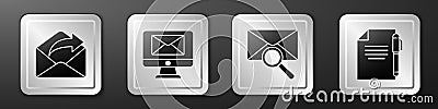 Set Outgoing mail, Monitor and envelope, Envelope with magnifying glass and Document and pen icon. Silver square button Vector Illustration