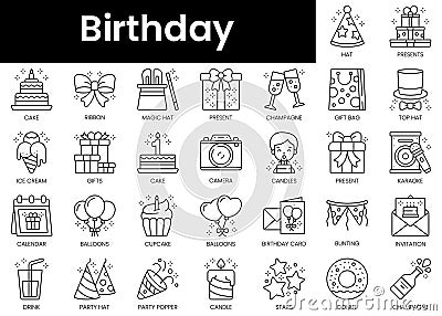 Set of outline birthday icons. Minimalist thin linear web icon set. vector illustration Vector Illustration