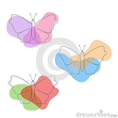 Set of outline butterflies with colorful shapes. Collection of insects isolated on white background. Vector Illustration