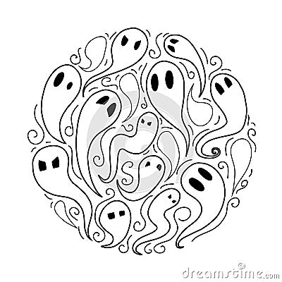 Set of outline cartoon ghosts with emotions in circle. Doodle Spirits in different forms with curls. Halloween elements Vector Illustration