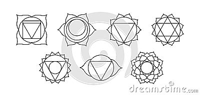 Set of outline Chakra meaning seven meditation wheel used in variety ancient spiritual practices. Seven chakras line art Vector Illustration