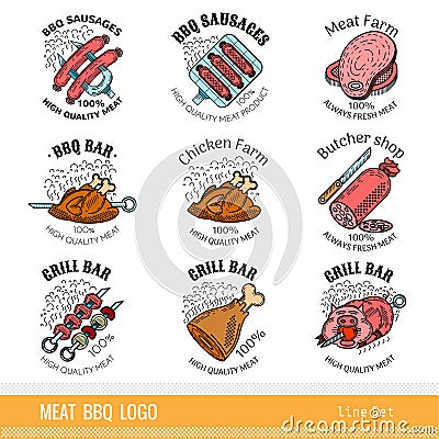 Set of outline color line logo. Labels for Meat farm, grill and BBQ bar, butcher shop isolated Vector Illustration