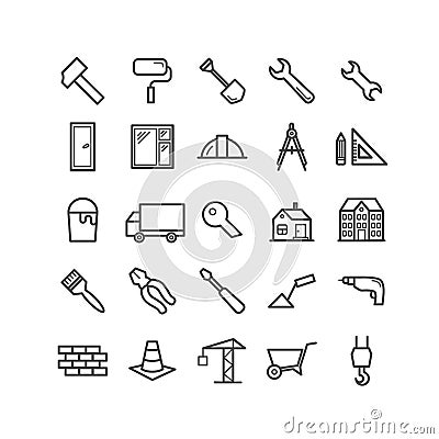 Set of outline construction and building icons. Thin linear icons for web, print, mobile apps Vector Illustration