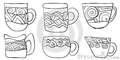 Set of outline doodle cups with ornate patterns, fantasy zen cups sugar bowl coloring page Vector Illustration