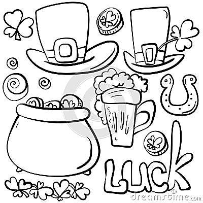 Set of outline doodles for St. Patrick's day, symbols of good luck in a simple linear style Vector Illustration