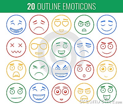 Set of outline emoticons, emoji isolated on white background. Emoticon for web site, chat, sms. Vector Vector Illustration