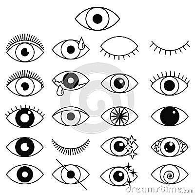 Set of outline eye icons. Open and closed thin line eyes, sleeping eye shapes with eyelash Vector Illustration