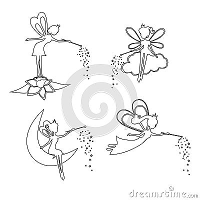 Set of outline Fairy with a magic wand Vector Illustration