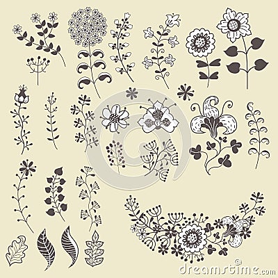 Set of outline flowers elemments.Flowers,branches,berries Vector Illustration