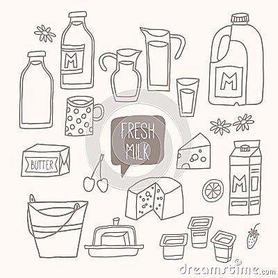 Set of outline food: dairy products - milk, yogurt, cheese, butter, milkshake. Vector Illustration