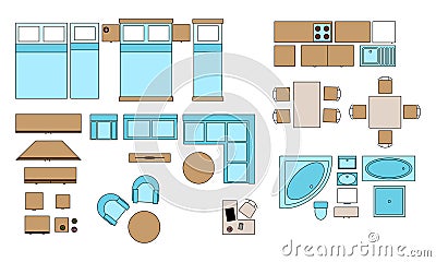 Set of outline furniture and equipment for drawing up an apartment plan, floor plan in top, birds view Vector Illustration