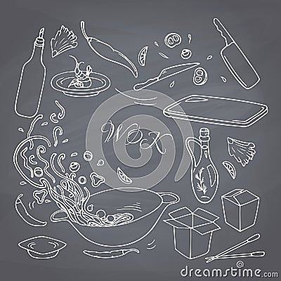 Set of outline hand drawn wok restaurant elements for your design. Chalk style doodle asian food Vector Illustration