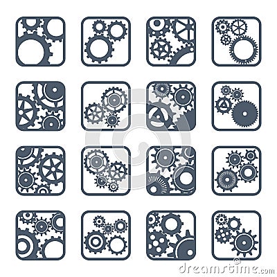 Set of outline icons of mechanical gears. Vector Illustration