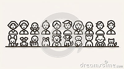 A set of outline icons representing different people and pets Stock Photo
