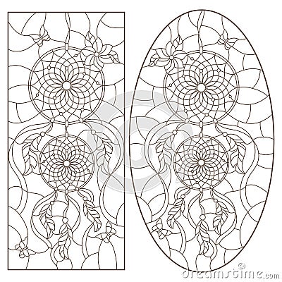 Contour set with illustrations of stained glass Windows with dream catchers and butterflies, dark outline on white background Vector Illustration