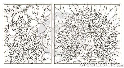 Contour set with illustrations stained glass Windows with peacocks, dark outlines on white background Vector Illustration