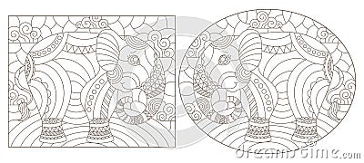 Contour set with illustrations in the style of stained glass with abstract elephants , dark outlines on white background Vector Illustration