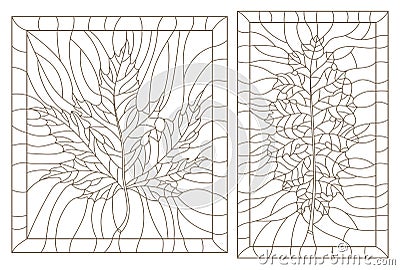 Set with outline illustrations in the style of vintage with leaves in a frames Vector Illustration