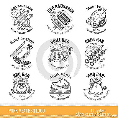 Set of outline line pork products logo. Labels for Meat farm, grill and BBQ bar, butcher shop isolated Vector Illustration