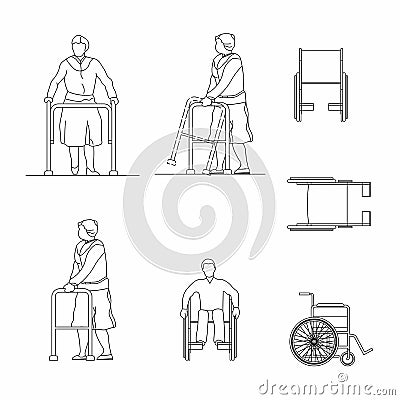 Set of outline woman with crutches, a wheelchair isolated on white background. Elderly and injured people icon. Vector Vector Illustration