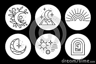 Set of outline mystical icons in boho style, celestial bodies, flowers. Black and white design. Illustration, templates Vector Illustration