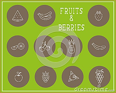 Set of outline print fruit and berries Vector Illustration