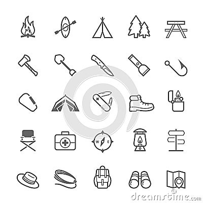 Set of Outline stroke Camping icon Vector Illustration