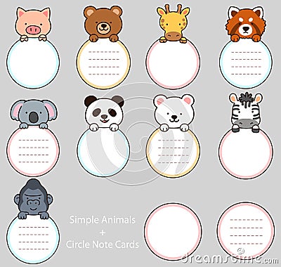 Set of outlined cute and simple animals holding a circle note cards Vector Illustration