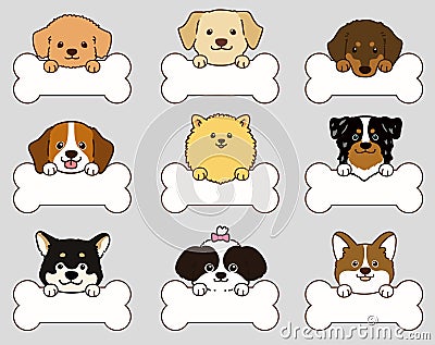 Set of outlined cute and simple dog heads with front paws holding a bone Vector Illustration