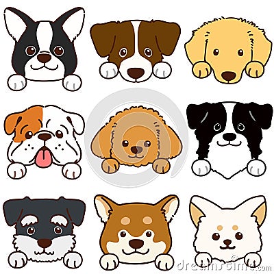 Set of outlined various cute dog faces with paws Vector Illustration