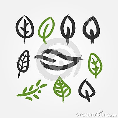 Set of outlines of abstract leaves. Icons drawn with brush. Vector Illustration