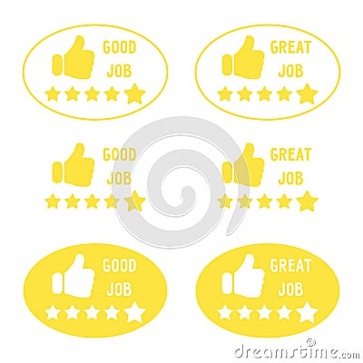 Set of oval badges with stars to assess the level of performance, good job, great job Vector Illustration