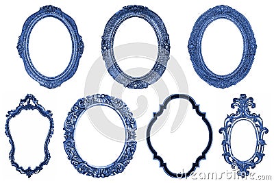 Set of oval Decorative vintage blue wooden frames isolated on white Stock Photo