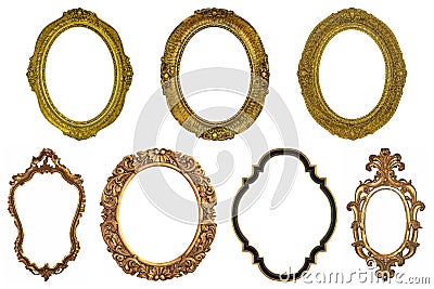 Set of oval Decorative vintage gilded golden wooden frames on white background Stock Photo