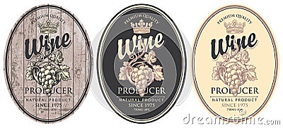 Set of oval wine labels with grapes and crown Vector Illustration