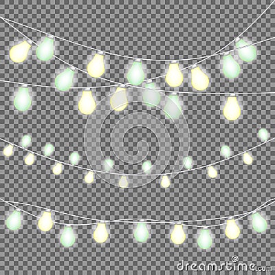 Set of overlapping, glowing string lights. Christmas glowing lights. Garlands, Christmas decorations. Vector Illustration