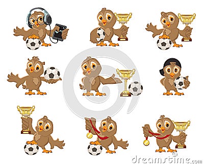 Set owl bird soccer. Win in football championship. Sports Cup and medal Vector Illustration