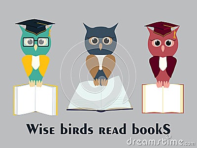 Set of owl in a graduate hat holds an open empty book in his paws. Vector owl character in master cap flat illustration Vector Illustration