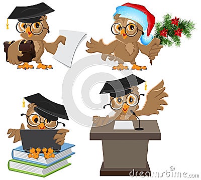 Set owl in mortarboard Vector Illustration