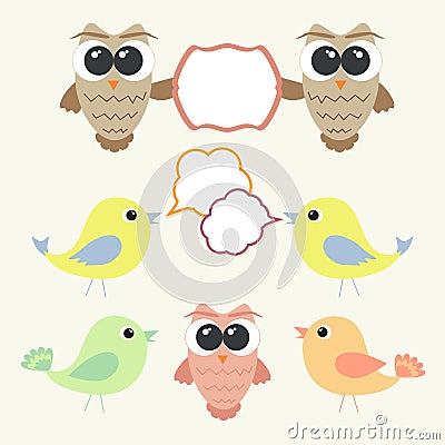 Set of owls and birds with speech bubbles Vector Illustration