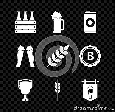 Set Pack of beer bottles, Glass, Beer can, Chicken leg, Cereals set with rice, wheat, corn, oats, rye, barley, Street Vector Illustration