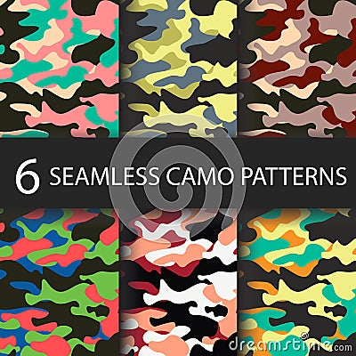 Set of 6 pack Camouflage seamless patterns background with black shadow. Classic clothing style masking camo repeat Vector Illustration